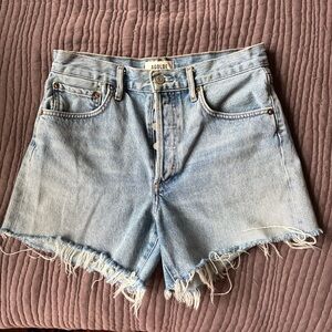 Agolde Light Blue Frayed Hem Jean Shorts